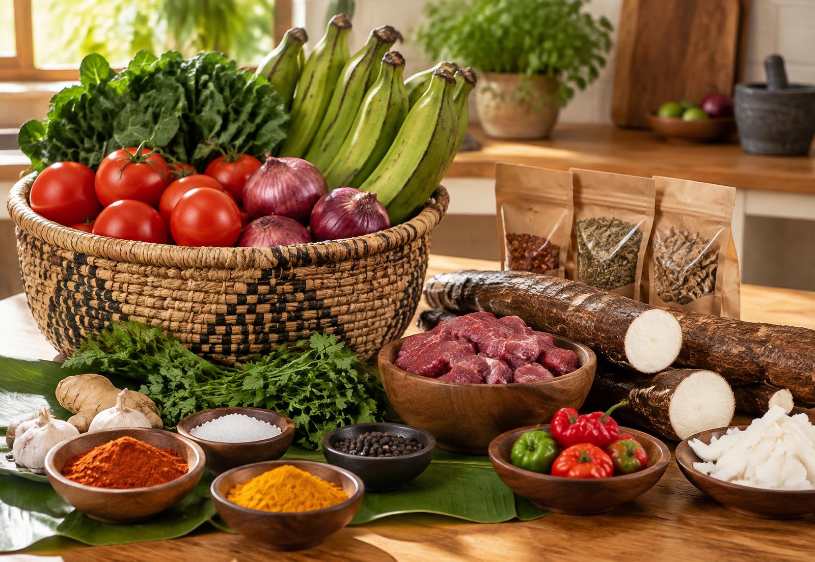Fresh Yego meal kit ingredients including matooke, greens and spices